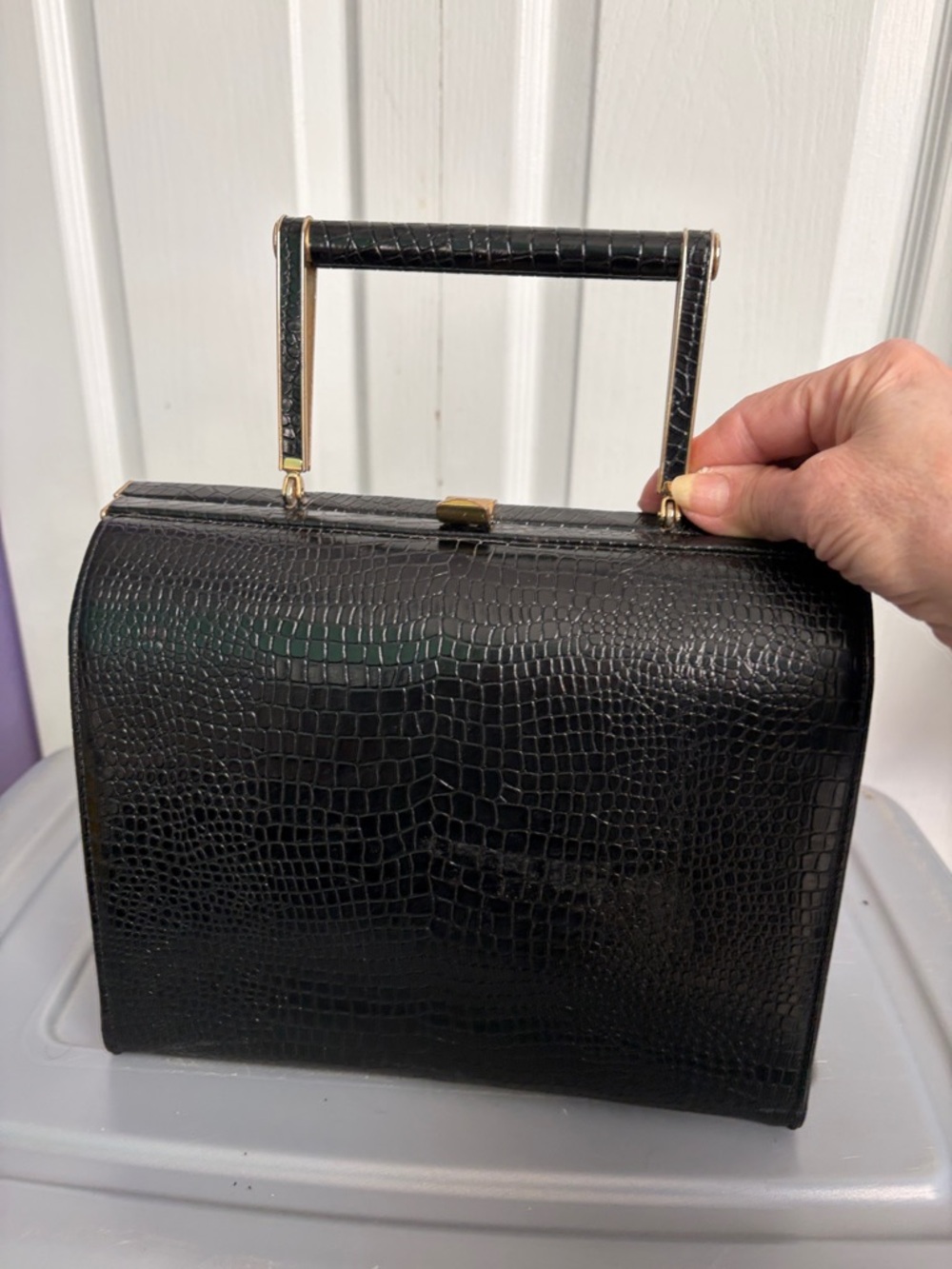 VINTAGE Black Croc-Embossed Structured Top-Handle Bag